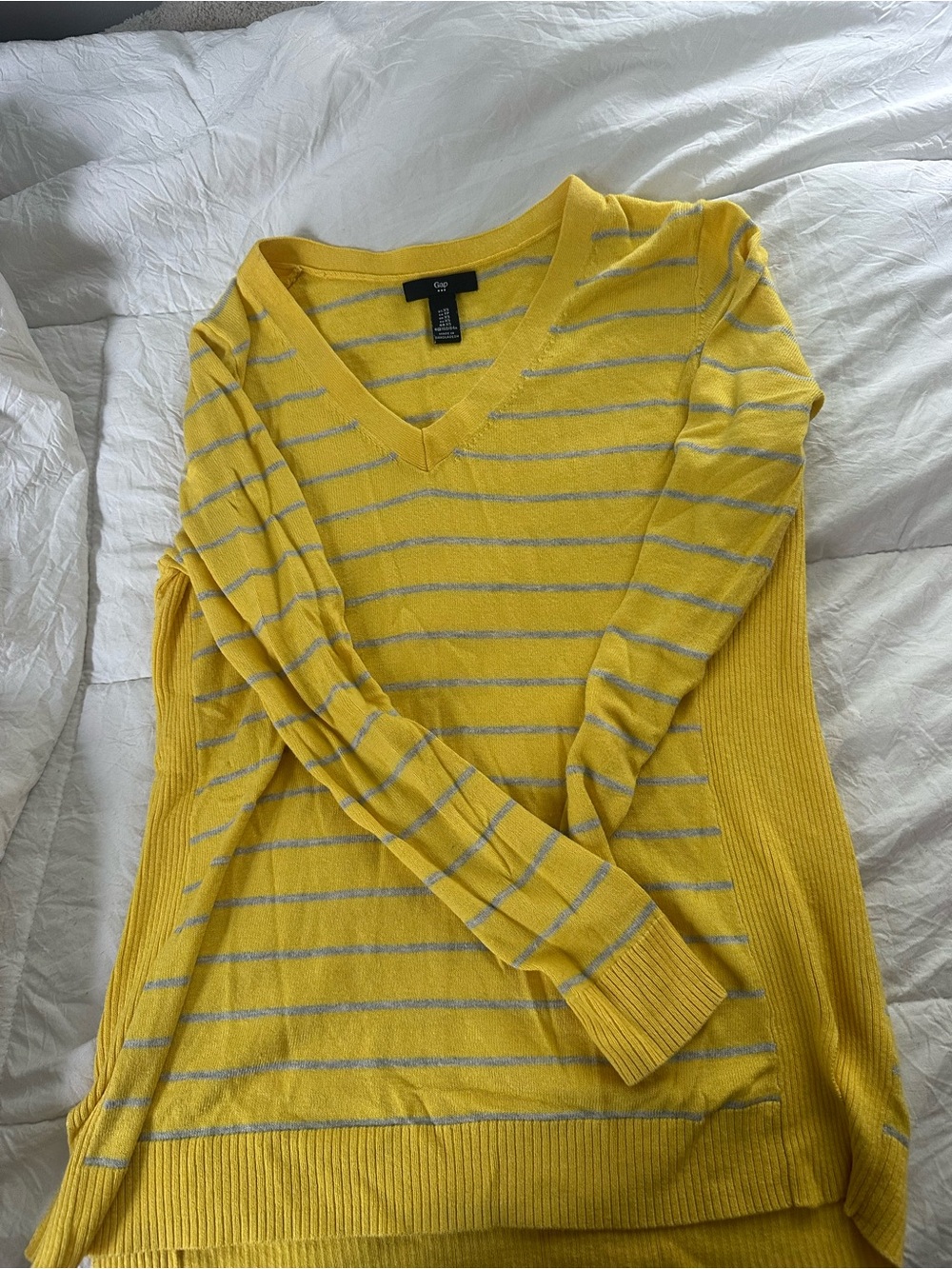GAP Yellow V-Neck Sweater with Light Gray Stripes